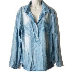 Distressed 100% Cotton Denim Camp Shirt 3X Roll Up Sleeves Metal Buttons